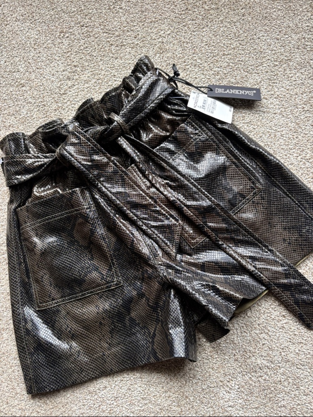 Blank NYC Black and Brown Faux Snakeskin Paperbag Shorts